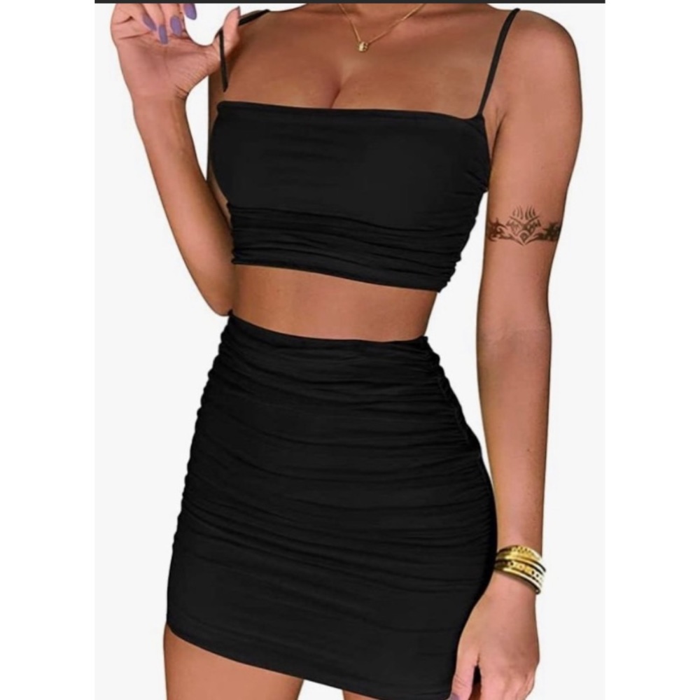Women's Ruched Cami Crop Top Bodycon Skirt 2 Piece Outfits Dress( Notseethrough)
